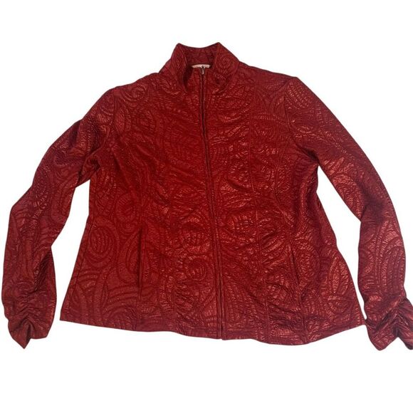 Erin London Women's M Standard Red Floral Textured Full Zip Jacket - Picture 1 of 9